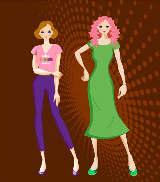 female fashion advertising lady icons colored cartoon design 