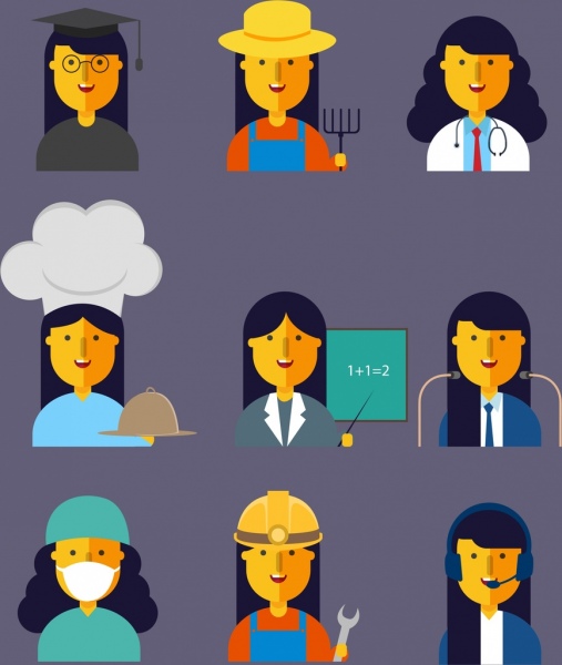 female profession icons collection colored cartoon characters