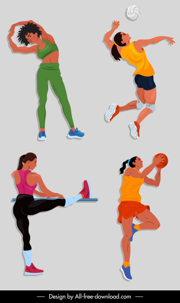 female sports icons dynamic design cartoon characters sketch