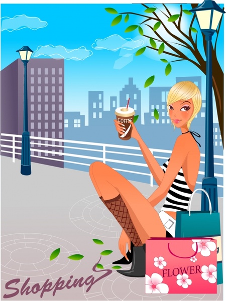 lifestyle background attractive fashionable woman icon cartoon sketch