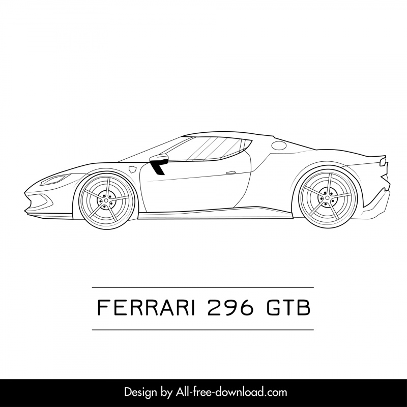 ferrari 296 gtb car model advertising template flat black white handdrawn side view outline