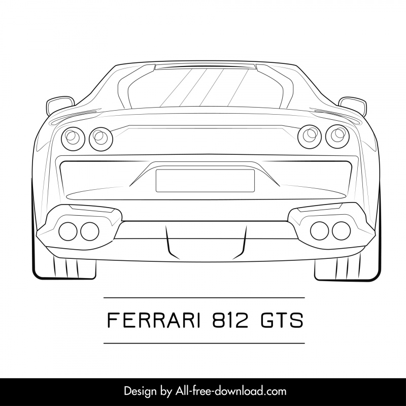 ferrari 812 gts car model advertising template flat handdrawn back view outline