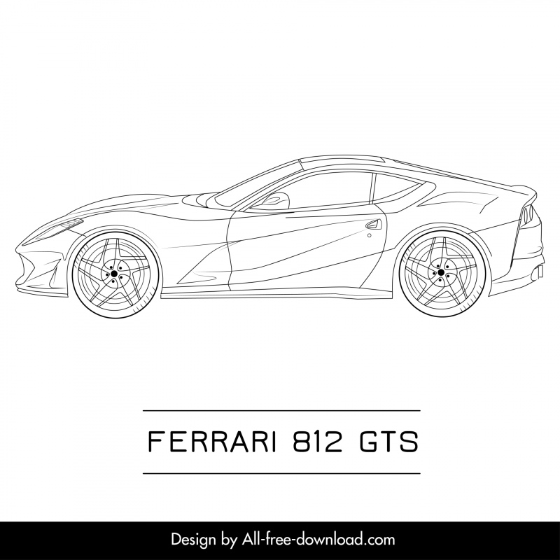 ferrari 812 gts side car model icon flat handdrawn side view outline