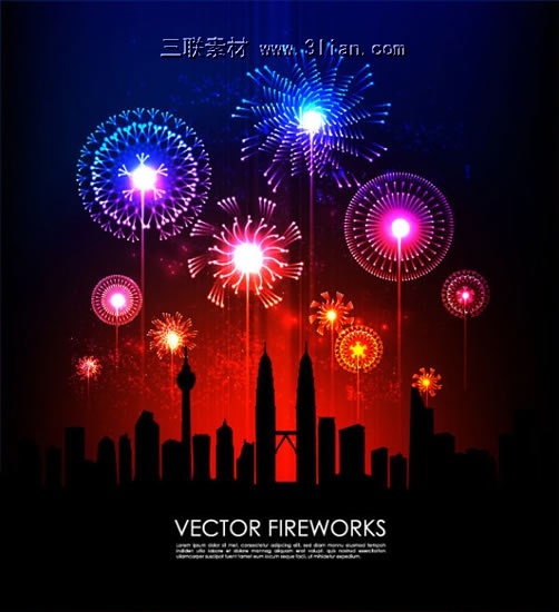 city fireworks banner colorful sparkling dark silhouette