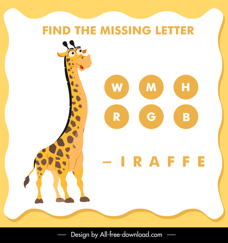 find the missing letter education template flat cartoon giraffe texts blank decor