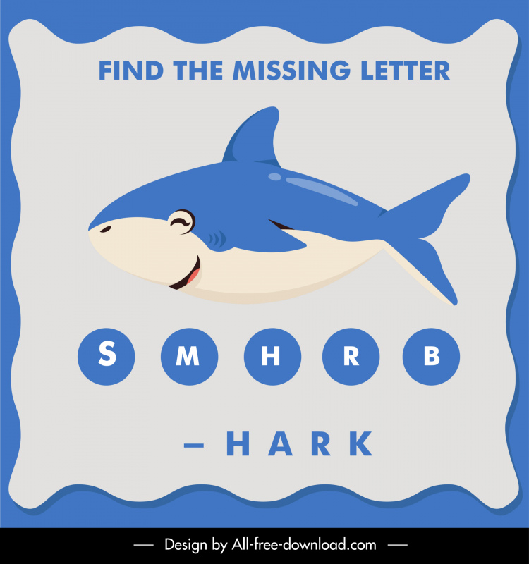 find the missing letter educational template flat cartoon shark texts blank decor