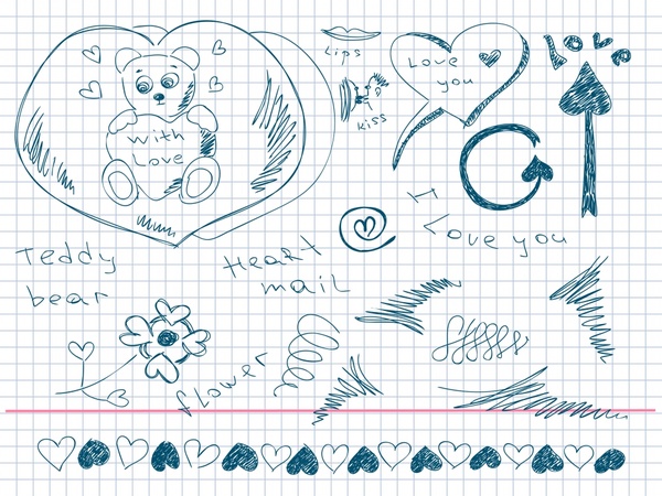 love background heart arrow teddy bear handdrawn sketch