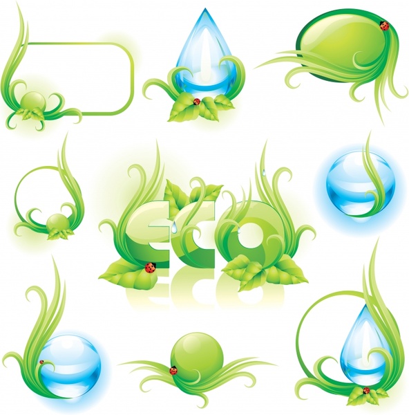 eco design elements modern droplets grass leaf sketch