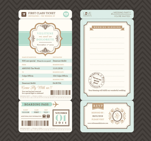 first class ticket with wedding invitation templates vector