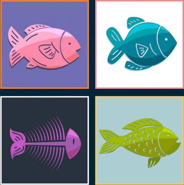 fish background sets colored flat icons quare isolation
