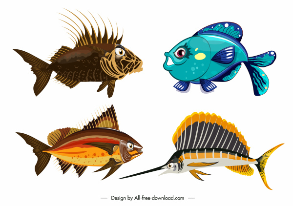 fish icons colorful modern shapes sketch