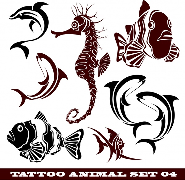 marine creatures tattoo templates fish seahorse icons sketch