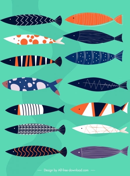 fishes background colorful classical decor horizontal flat design