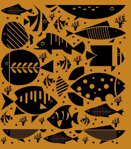 fishes background flat black icons sketch