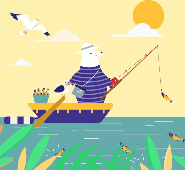 fishing background stylized bear ship icons cartoon design