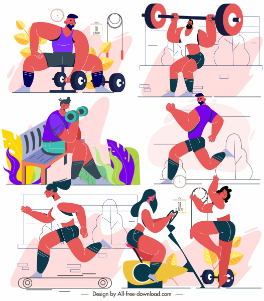 fitness sports icons colored cartoon characters sketch