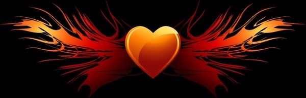 flaming heart wings background orange shiny design