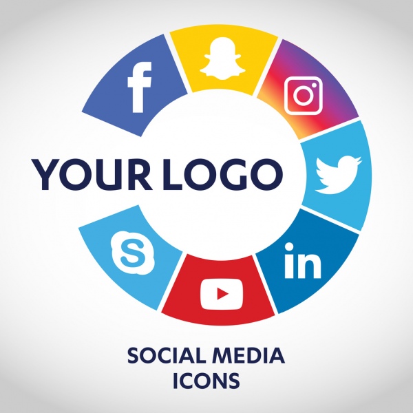 flat icons technology social media network computer concept abstract background with objects group of elements star smile face sale share like comment vector illustration twitter youtube whatsapp snapchat facebook instagram 