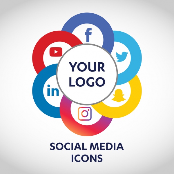 flat icons technology social media network computer concept abstract background with objects group of elements star smile face sale share like comment vector illustration twitter youtube whatsapp snapchat facebook instagram 