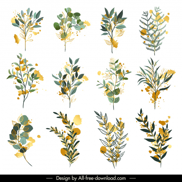 flora leaves icons colored classic sketch