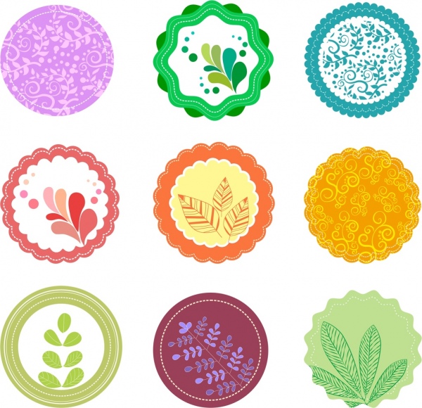 floral and leaves icons collection colorful round design