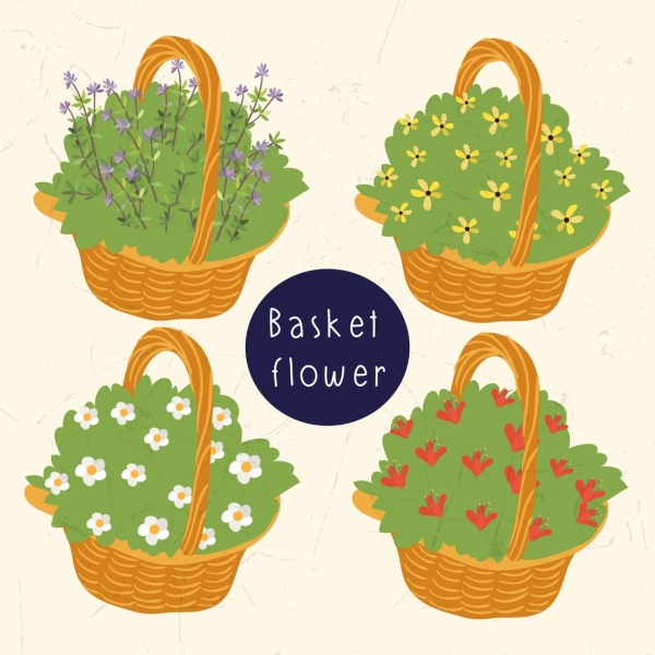 floral basket icons multicolored 3d design