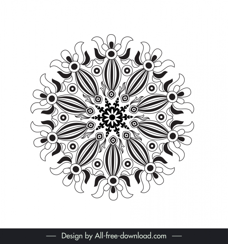 floral mandala sign icon black white flat symmetrical illusion sketch
