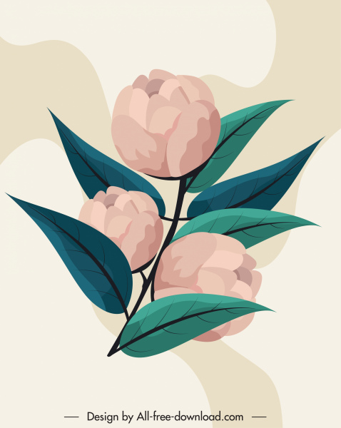 floral painting colored retro design buds leaves sketch
