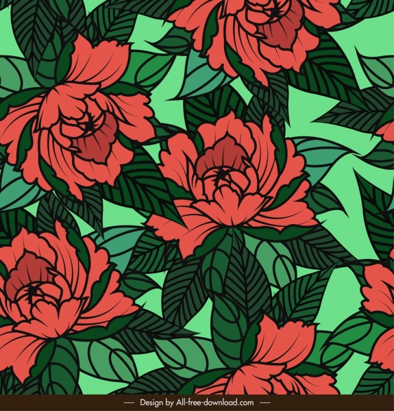 floral pattern green red classical handdrawn sketch