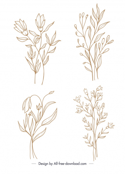 floral plants icons classical handdrawn sketch
