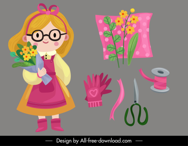 florist design elements cute girl tools sketch