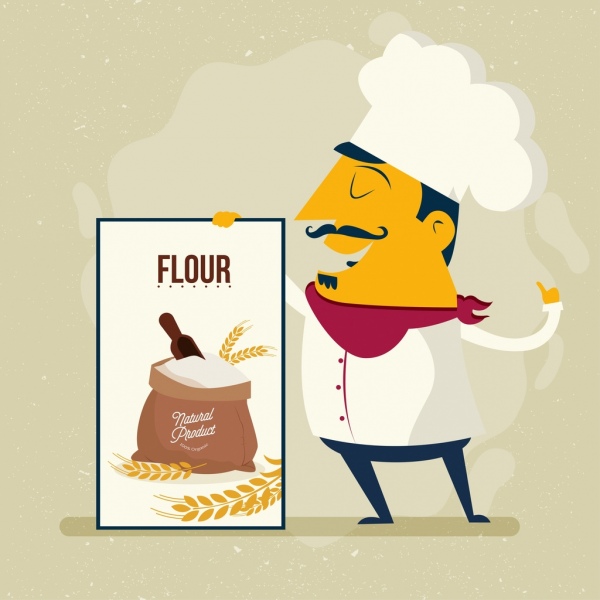flour advertising male cook icon colored cartoon