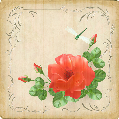 flower and dragonfly retro background