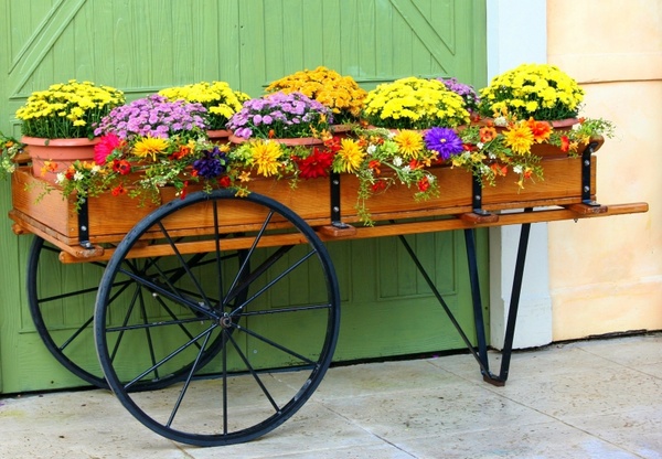 flower cart wagon mums