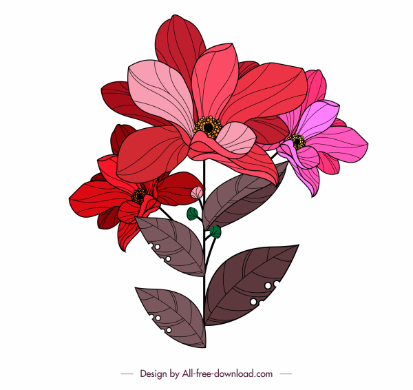 flower icon colored classical handdrawn sketch