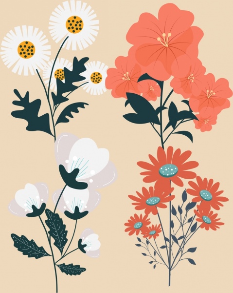 flower icons colored classical design