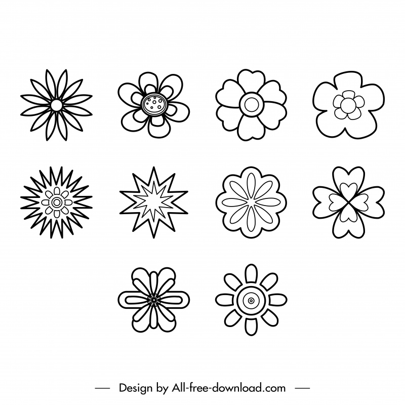 flower icons sets flat classic black white handdrawn petals outline 