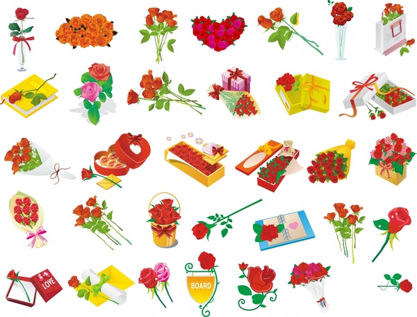 rose gift icons collection colored 3d symbols