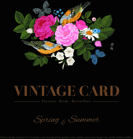 flower with birds and butterflies vintage card vector