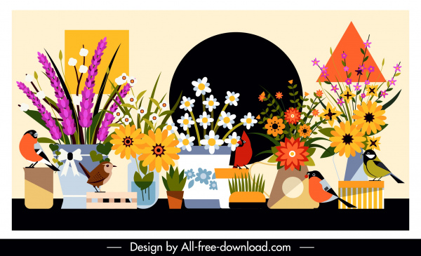 flowers birds background colorful classical design