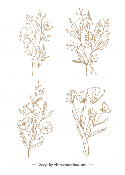flowers icons handdrawn sketch classical design