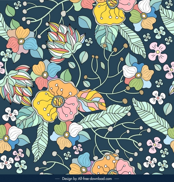 flowers nature pattern template colorful retro sketch