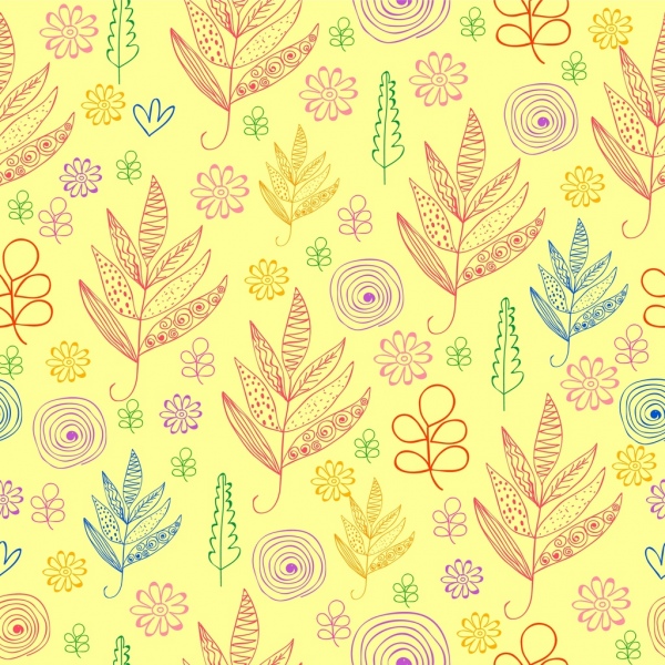 flowers pattern background hand drawn flat colored outline