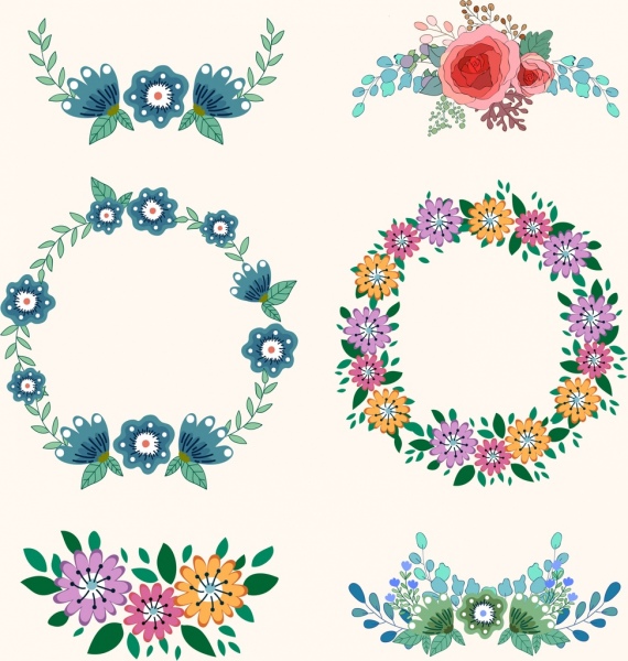 flowers wreath design elements colorful icons 