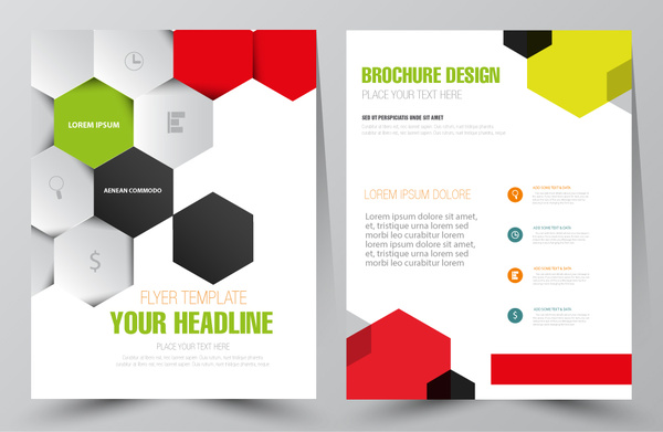 flyer vector illustration with colored hexagon background