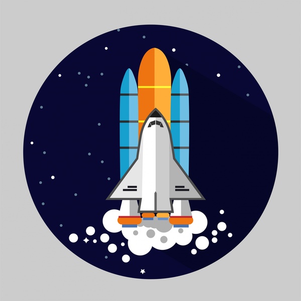 flying space rocket concept with round illustration