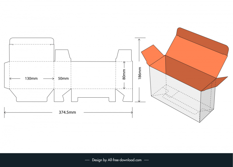 folding box 13x5x8 cm internal measurements template flat papercut 3d object sketch