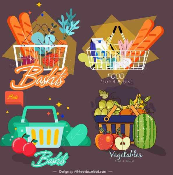 food basket icons dark colored classical design