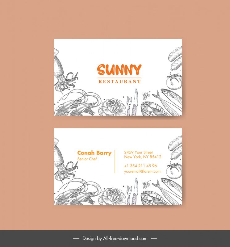 food business card template black white dynamic handdrawn seafood 