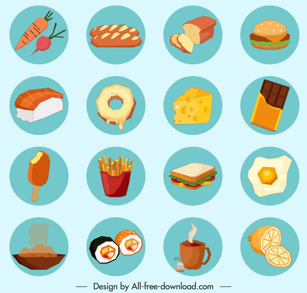 food drinks signs icons colorful classic sketch circle isolation